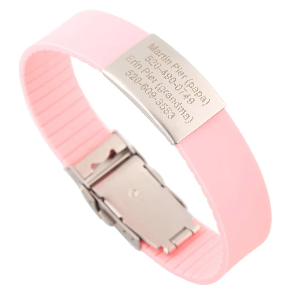 Пользовательские дети ID браслет ребенок выгравированы идентификационные браслеты детские SOS запястье Дети Мальчики ID безопасности силиконовые браслеты - Окраска металла: Pink