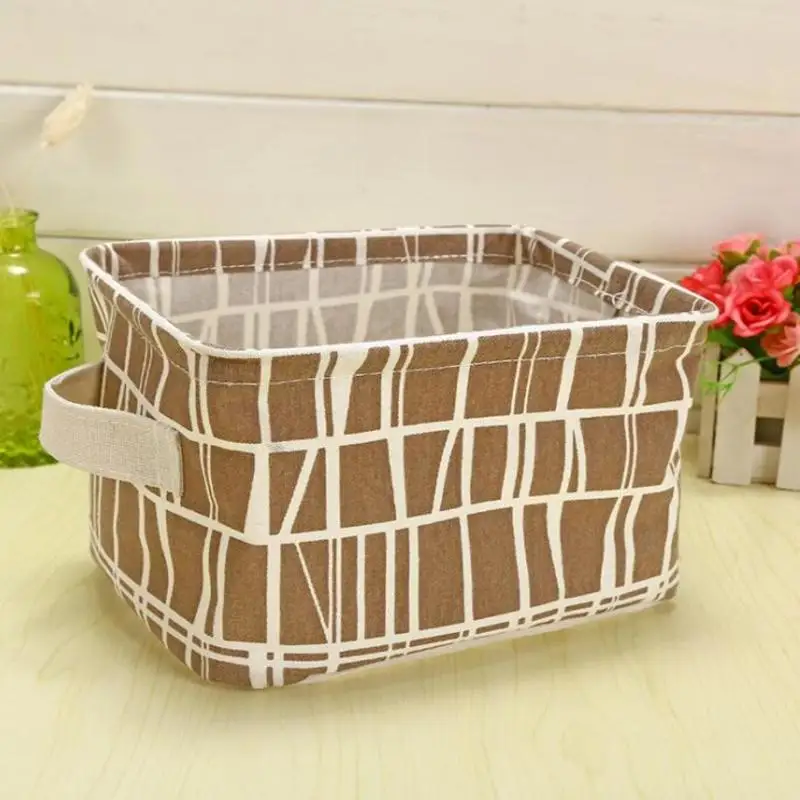 Coffee plaid Многофункциональная настольная корзина для хранения с милым принтом, прочная коробка для хранения мелочей, складная хлопковая Льняная сумка для хранения нижнего белья, 1 шт - Цвет: Coffee plaid