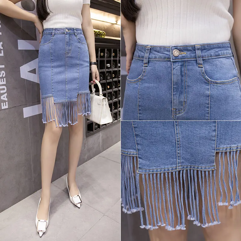 

2019 Spring And Summer Skirt Women's High-waisted Denim Skirt Elasticity Joint A- line Short Skirt Skirt Large Size Fringed Skir