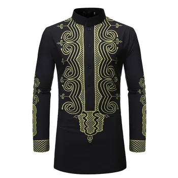 

New Men's Middle Eastern Style Print Shirt, Men's Camisa Masculina Shirt Long Paragraph Slim Fit Casual Shirt US SIZE
