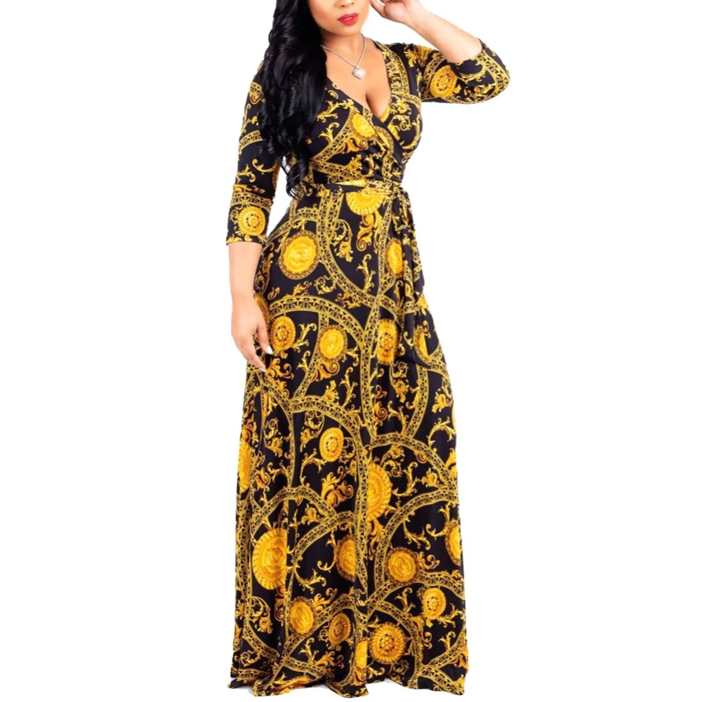 Fadzeco Африканское платье для женщин Модный халат Дашики контрастного цвета с v-образным вырезом ремень длинный кардиган большого размера