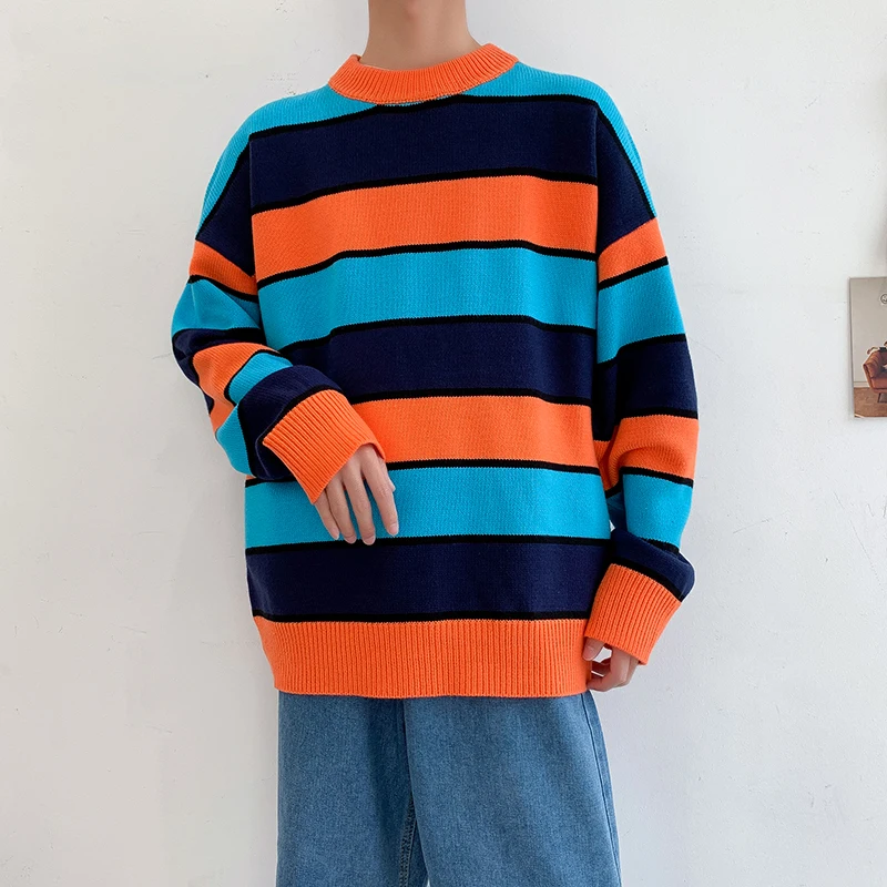 Winter Striped Sweater Men Warm Fashion Contrast Color Casual Knit Pullover Men Streetwear Loose Long-sleeved Sweter Clothes Man