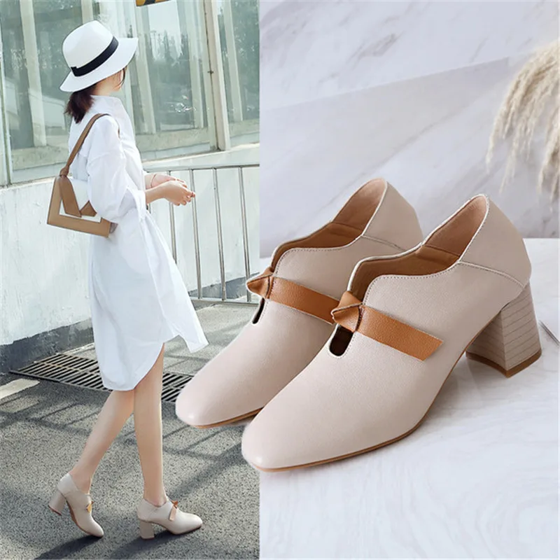 

Spring/Autumn Fashion High Heels Casual Womens Shoes Round Toe Slip-On Square Heel Shallow Breathable Solid V Port High Quality