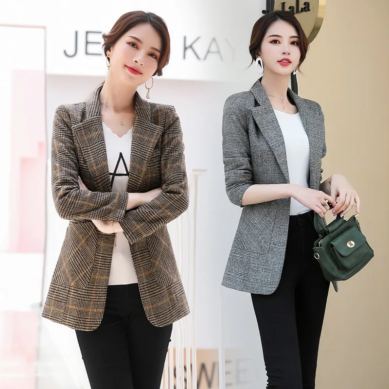 

Plaid Small Suit Coat Women's Mid-length 2019 Spring New Style Korean-style Slim Fit Versatile Slimming Spring And Autumn Suit