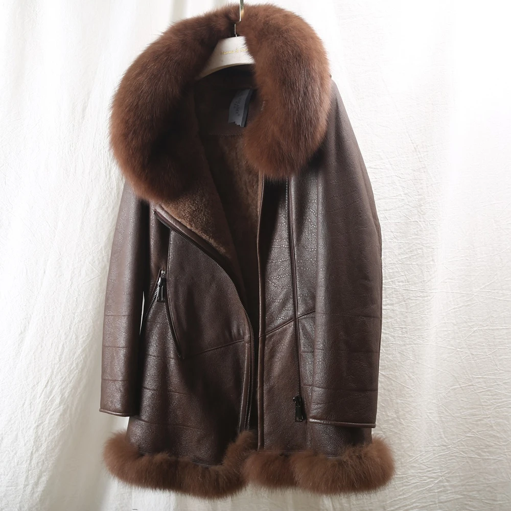 Luxury women genuine sheepskin double faced jacket fox fur collar winter warm brand real sheep fur jacket clothing