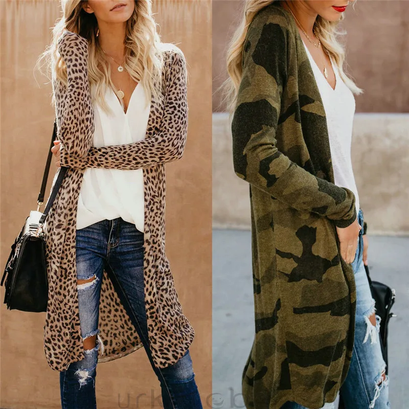 

Womens Leopard Kimono Cardigan Open Front Boho Camo Long Sleeve Long Maxi Jacket Casual Outwear