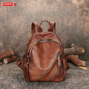 

Leather Backpack Women's Bag Casual School Backpacks First Layer Cowhide 2020 Large-capacity Retro Handmade Soft Leather Female