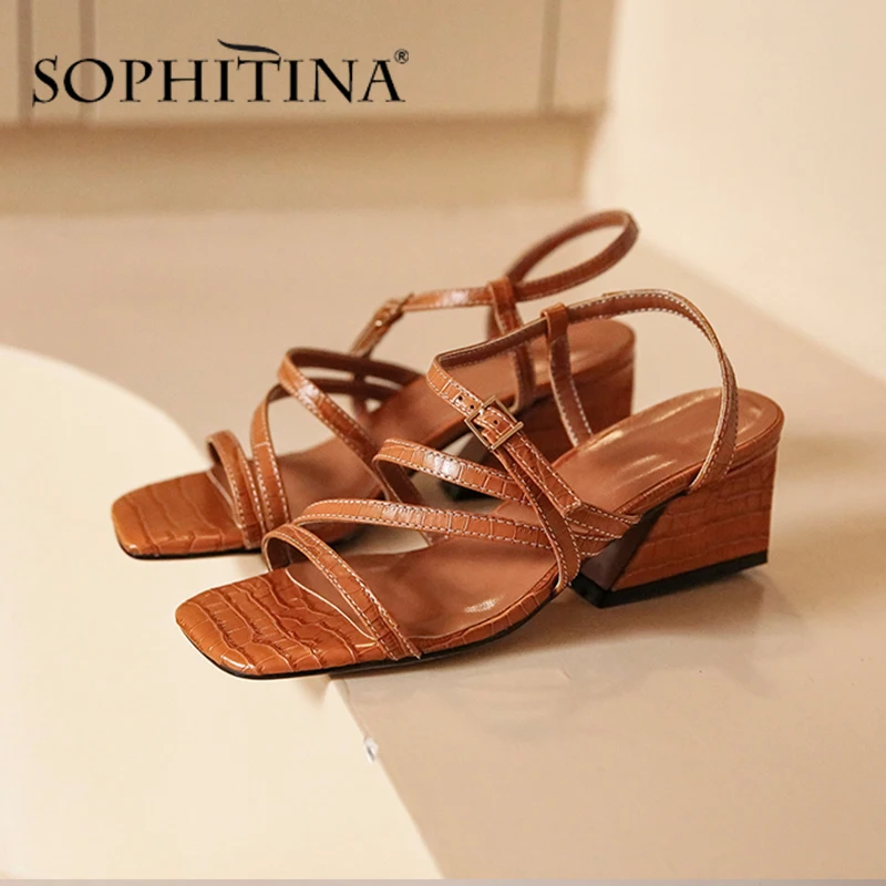 

SOPHITINA New Sandals Women High Quality Cow Leather Solid Buckle Fashion Square Heel Comfortable Shoes Handmade Sandals PO561