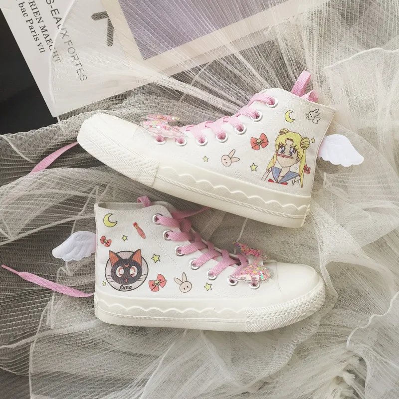 Новые японские аниме Сэйлор Мун Луна кот Милый Мультфильм Граффити ручной работы парусиновая обувь для девочек женские косплей высокие туфли