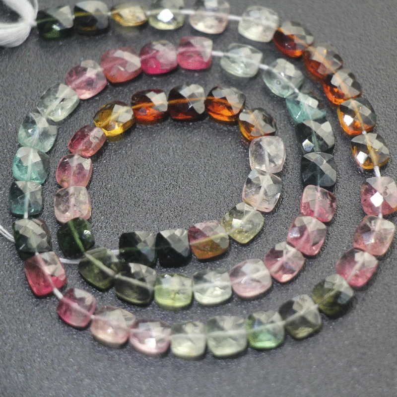 

13.6 Inch strand Super-FINEST,Multi Tourmaline Faceted Square Shaped Beads,6.5-7.0mm