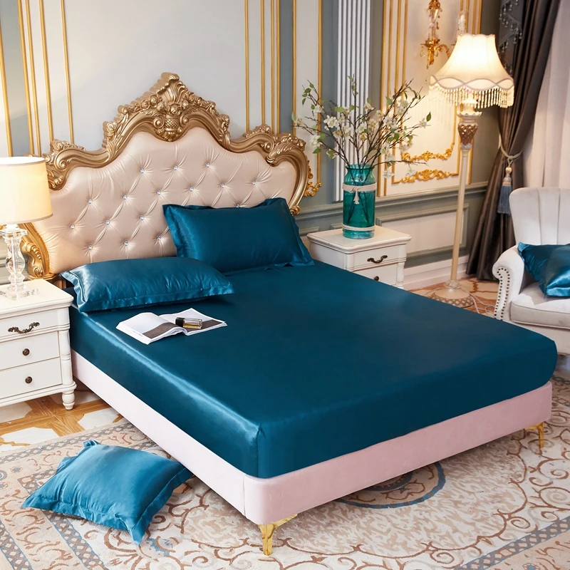 

SISISILK Fitted Sheet Solid Color Double Queen Size Mattress Cover Luxury Satin Silk Elastic Band Bed Sheet 180X200cm