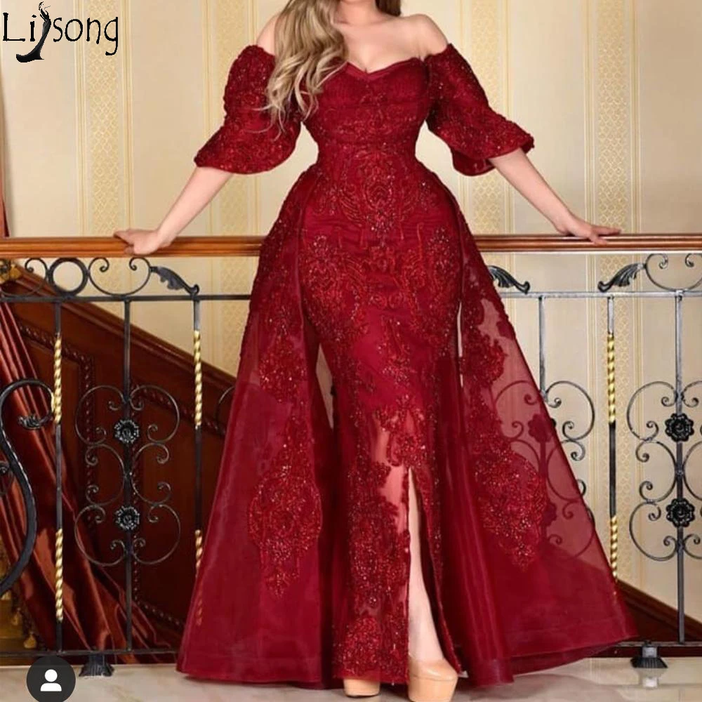 Saudi Arabië Wijn Rode Schede Avondjurk met Afneembare Rok Off Shoulder Korte Mouw Formele Prom Dresses Arabisch Split Vooraan Saudi Arabië Wijn Rode Schede Avondjurk met Afneembare Rok Off Shoulder Korte Mouw Formele Prom Dresses Arabisch Split Vooraan