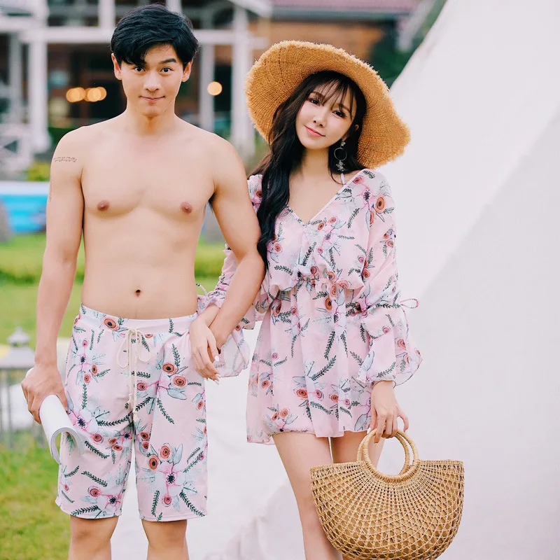 

Couples Bathing Suit Three-piece Set-Split Type Flower Push up Conservative High-waisted Boxer Swimwear Long Sleeve Blouse MEN'S