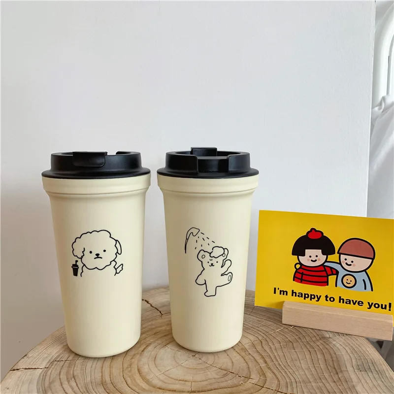 

Creative Plastic Water Bottle Coffee Cups Drinking with Lid Cartoon Dog Bear 400ml Portable Cup In Tumblers Juice Mugs Drinkware