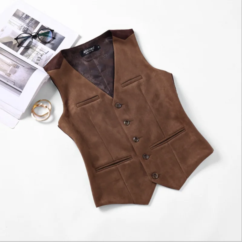 Men's Suit Vest Suede Western Denim Waistcoat Steampunk V-neck Single Breasted жилетка мужская 3