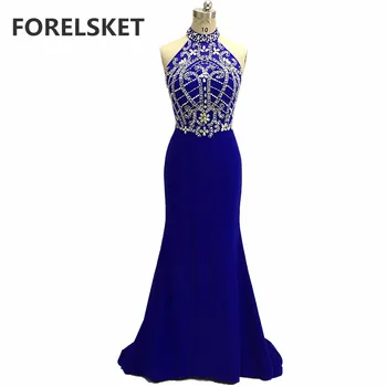 

Beading Jersey Halter Mermaid Prom Dresses Blue 2020 Sequin Formal Long Evening Party Gowns Dos Nue Vestidos De Fiesta De Noche