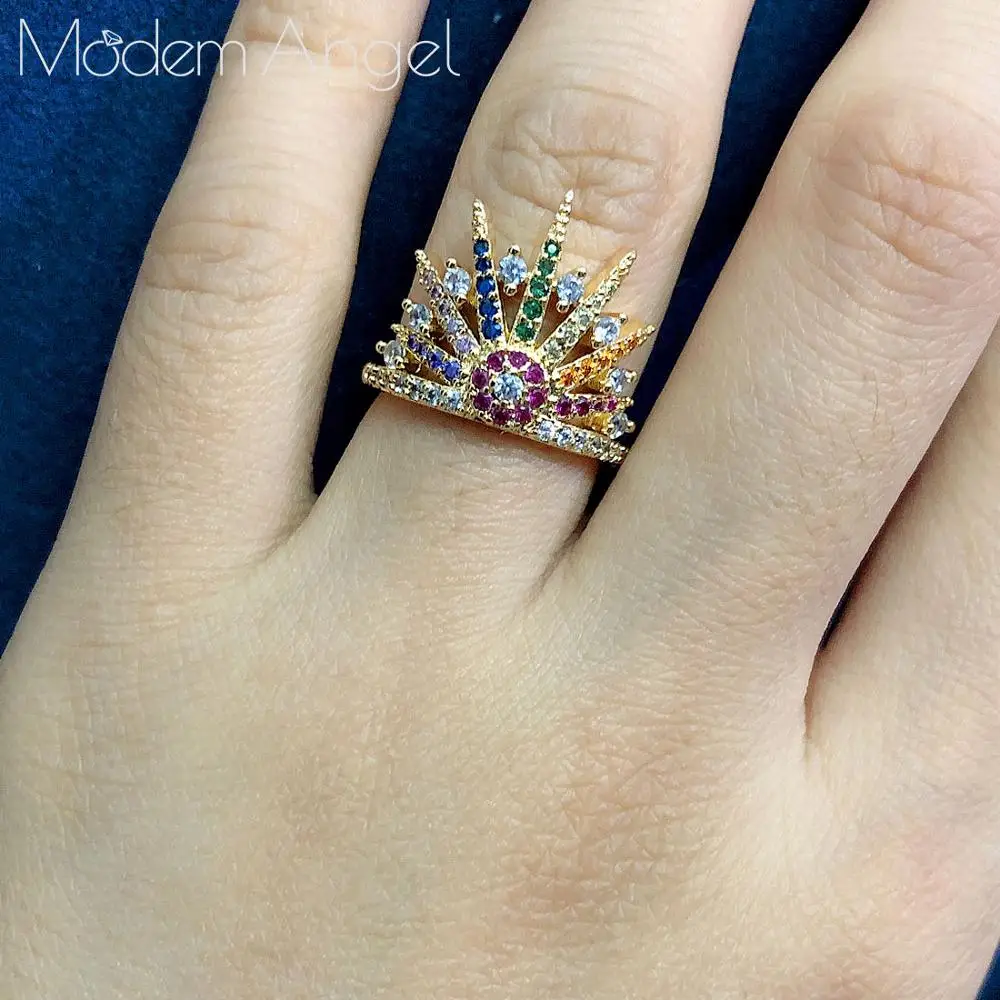 ModemAngel Rainbow Color Luxury Party Statement Stack Rings For Women Wedding Cubic Ziron CZ Wedding Dubai Bridal Finger Ring