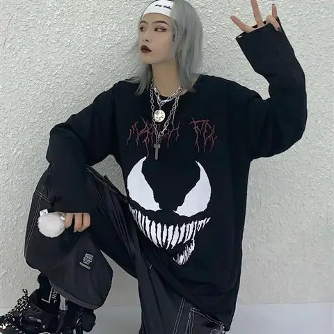 Black2-tshirt Повседневная Толстовка с длинным рукавом и забавным принтом, с круглым вырезом, Свободная Женская классная Осенняя уличная верхняя одежда, уличная одежда в японском стиле Харадзюку, парная одежда - Цвет: Black2-tshirt