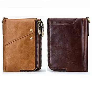 

1 Piece Genuine Leather Men Wallets Vintage Cow Leather Card Holder Double Zipper Men Purse RFID Blocking Wallet Coin Purses