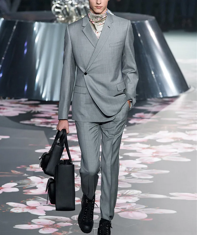 New popular one button design gray suit handsome men jacket pants groom wedding slim fit tuxedo Trajes de hombre costume