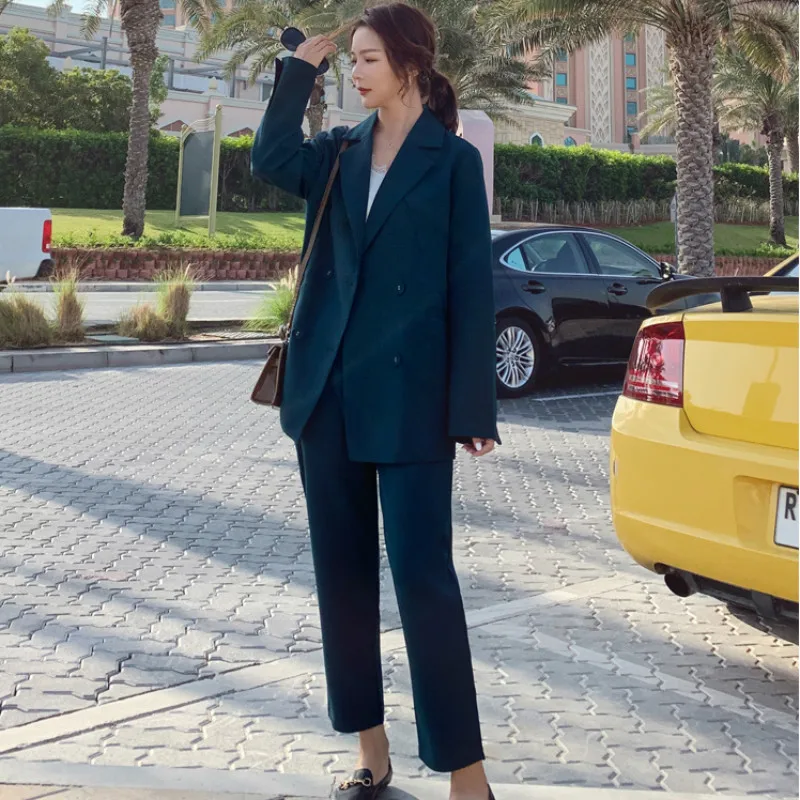 

High quality women's pants suit fashion suit set Autumn new solid color double-breasted suit blazer Slim trousers two-piece 2019