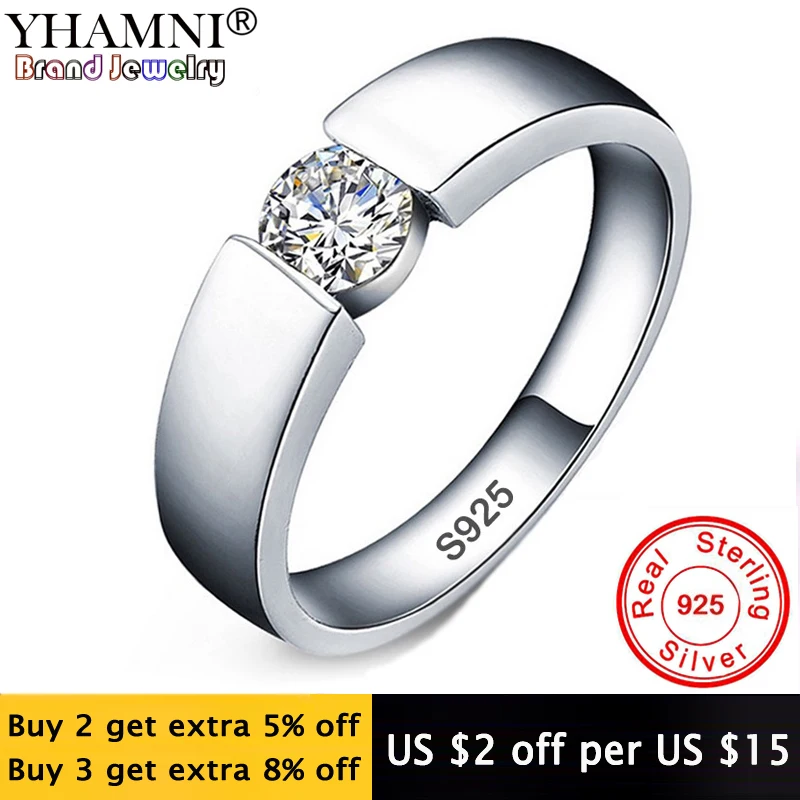 Yhamni твердый 925 Серебряные кольца 6 мм 1ct CZ Diamant Обручальные кольца Свадебные украшения Кольца для Для женщин и Для мужчин rd10