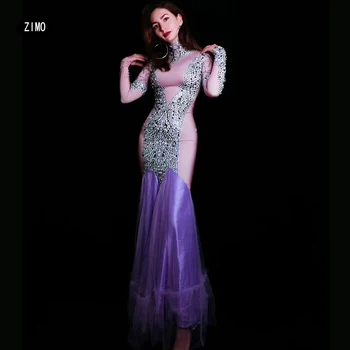 

Sparkly Rhinestone Purple mermaid Dress Sexy Stretch Long Sleeve Skinny Dress Evening Party club Prom Women Singer Host Costume