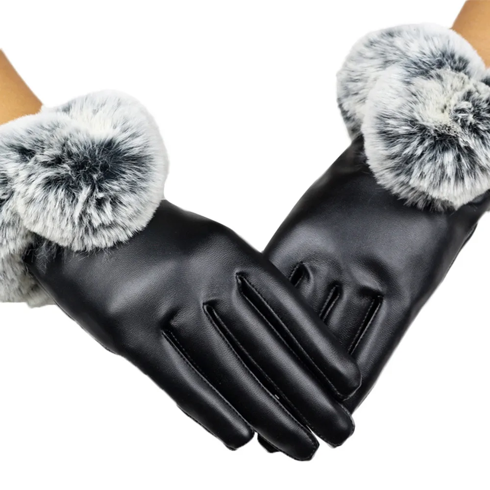 Женские утепленные зимние перчатки, модные, теплые, утолщенные, элегантные, искусственная кожа, высокое качество, искусственный мех, на запястье, теплые женские кожаные перчатки 1