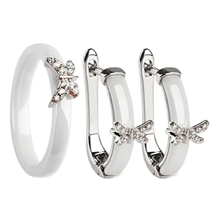 White Silver Set Золотые кольца и серьги-бабочки, стразы AAA, здоровые керамические украшения, наборы для женщин, подарок для мамы, ювелирные изделия для свадьбы, аксессуары - Окраска металла: White Silver Set