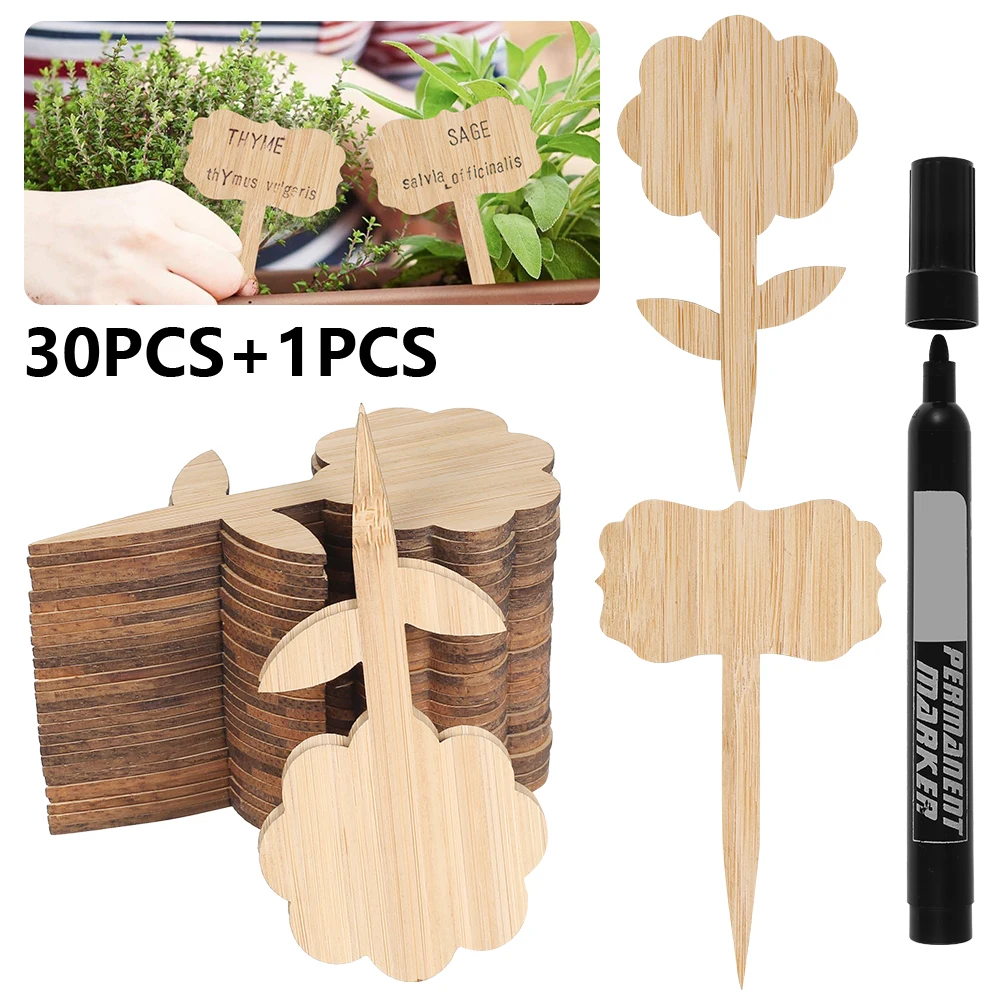 Etiqueta de planta tipo T de bambú, para vivero, flor gruesa, decoración para jardín, 30 Uds.