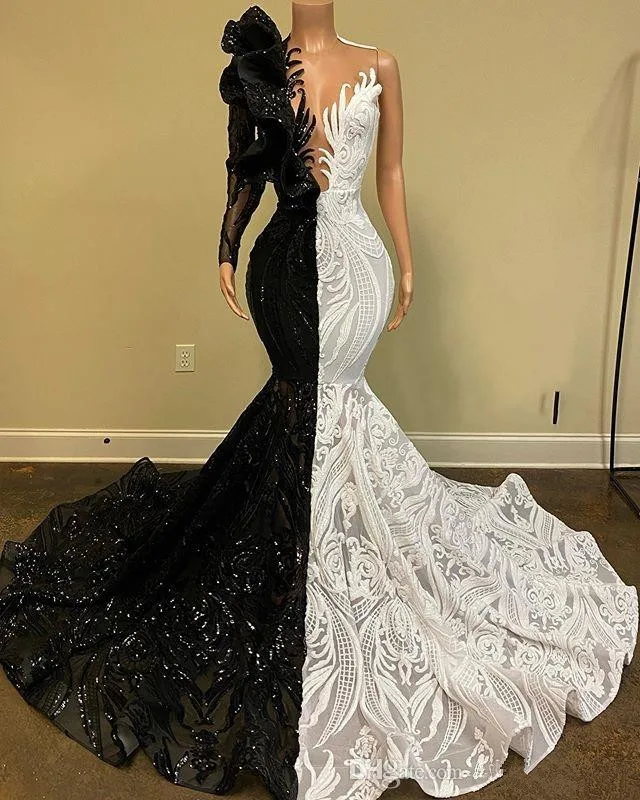 

Black And White Mermaid 2020 Prom Dresses Lace Sequined Evening Dress African One Shoulder Long Sleeve Party Vestido