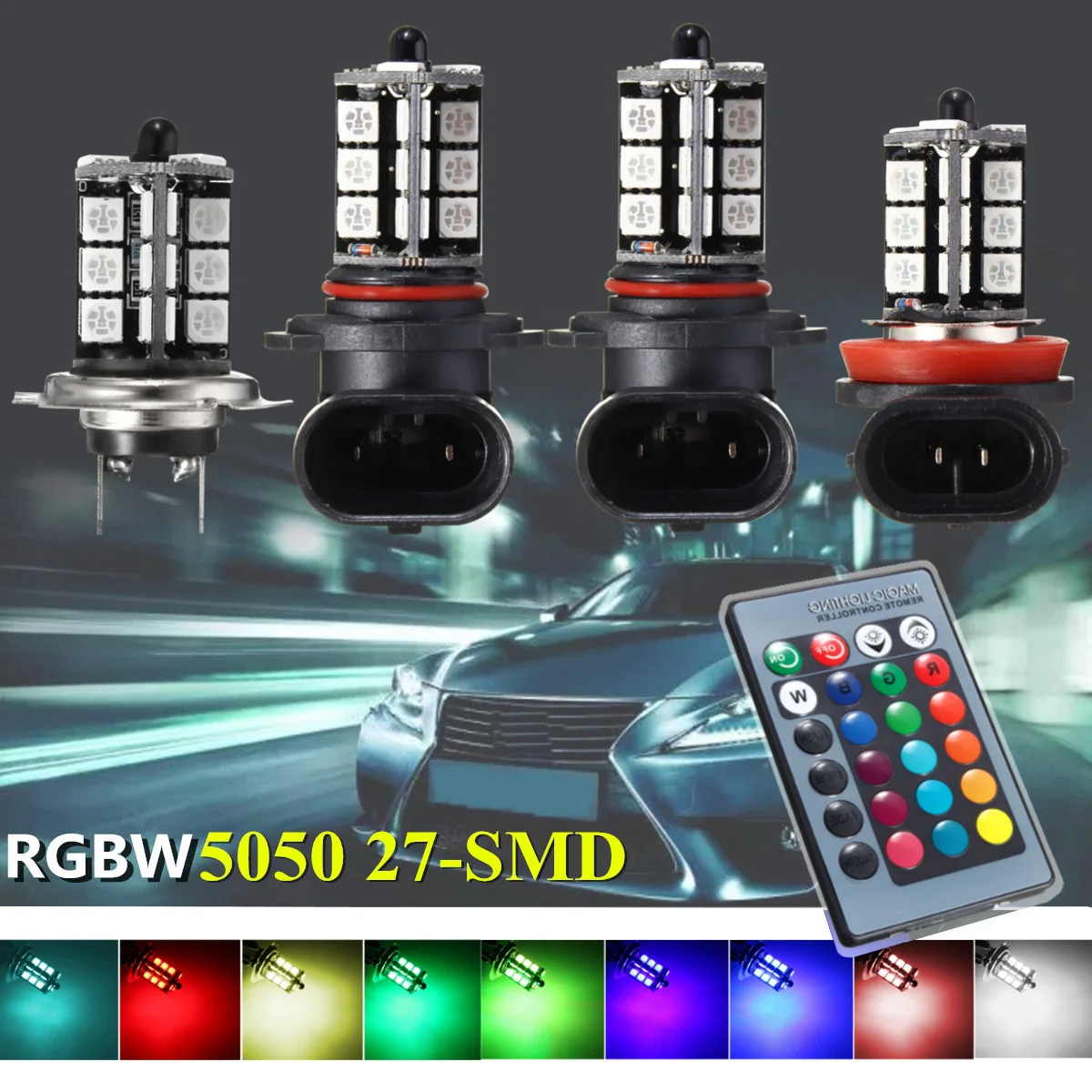 2Pcs Car Fog Light Bulb H3 H4 9006 9005 H7 H8 H9 880 881 H11 Headlamp Atmosphere Lamp DRL Kit 5050 27SMD LED RGB Remote Control |