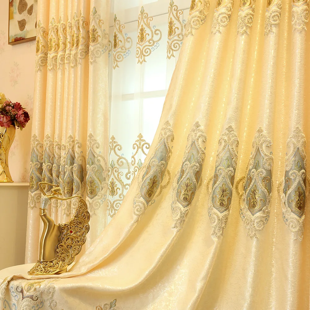 

European Style Shading Embroidered Curtain Gold Romantic Sheer Curtain Yellow Luxury Tulle for Living Room Bedroom