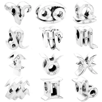 

Moonmory Christmas Gift Zodiac Charms 925 Sterling Silver Gemini Leo Virgo Charm Bead Fit For Brand Bracelet DIY Jewelry Marking