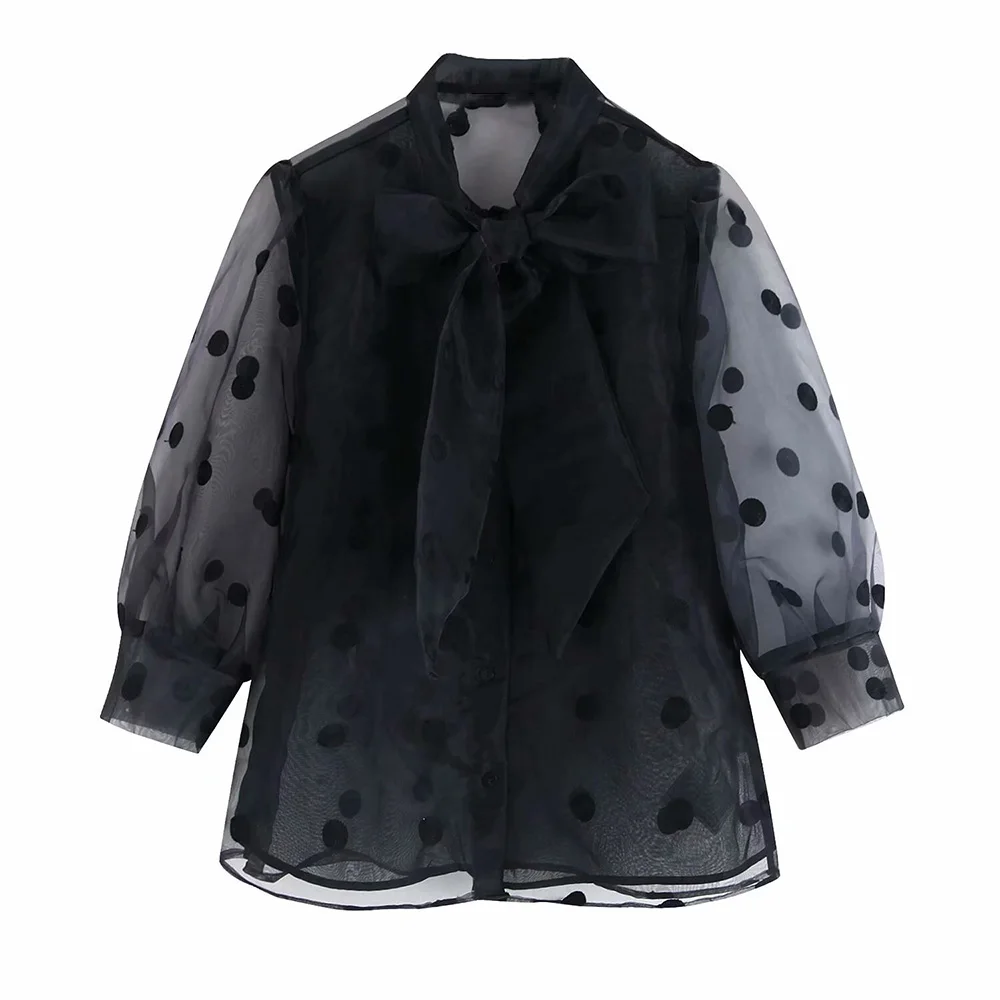 ZA Solid Shirt Fashion Autumn Winter Polka Dot Bow Tie Blouse Top Women Casual Shirt Party Travel Friends Gifts Wholesale - Цвет: Shirt