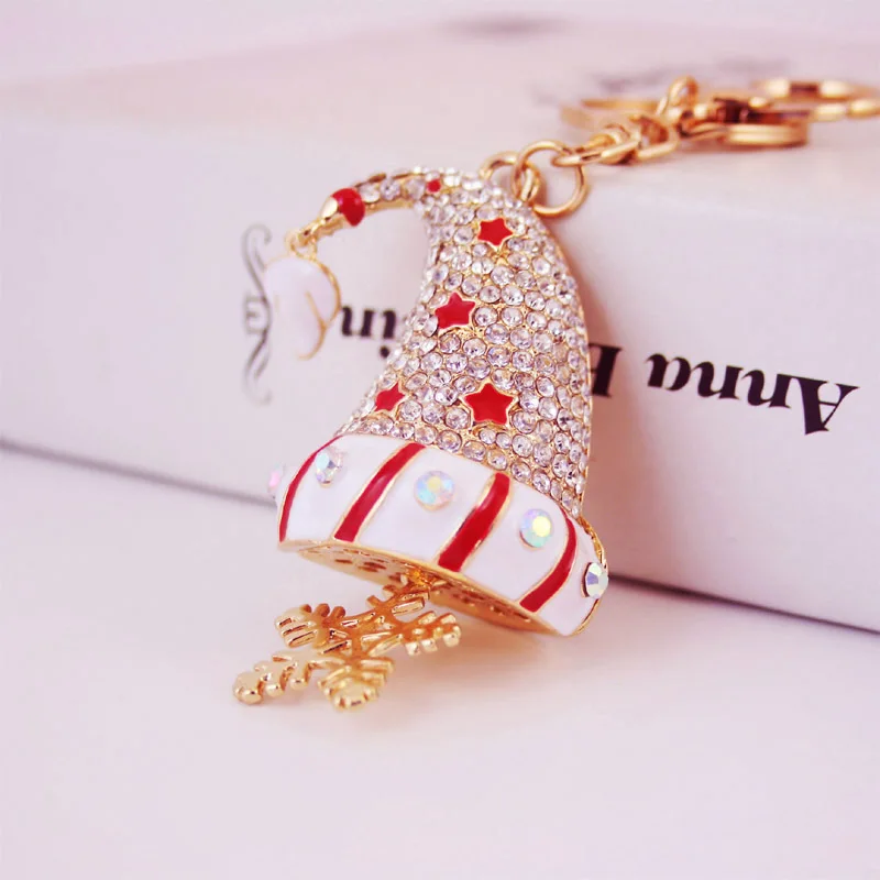 

New Trendy Colorful Snowflake Christmas Hat Keychain For Women Men Bag Rhinestone Key Ring Jewelry Accessories