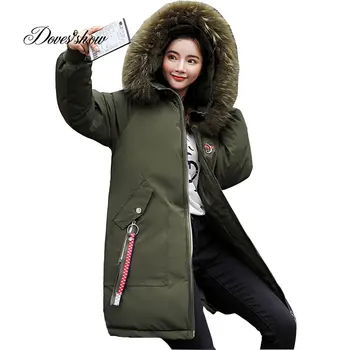 

Hooded Elastic Fur Collar Appliques Winter Down Coat Jacket Thick Warm Slim Women Casaco Feminino Abrigos Mujer Invierno Outwear
