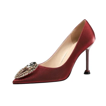 

Burgundy high-heeled women's shoes 2020 spring and autumn new fine with wild fashion silk satin wedding shoes pump 40