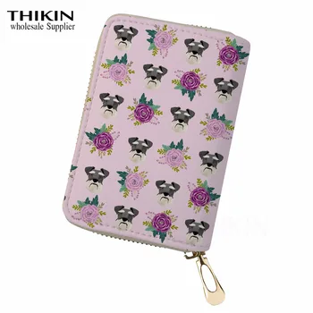 

THIKIN Cartoon Schnauzer Print Women Card Holder for Plastic Cards Kawaii Flower Pupy Female Passport Leather Case Pasjes Houder