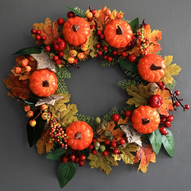 

30CM Halloween Decorations Artificial Pumpkin Maple Leaves Wreath Garland Thanksgiving Holiday Autumn Decoration Wreath Rattan