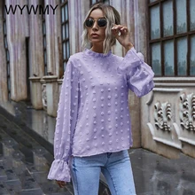 

Spring Autumn 2021 New Fashion Women Blouses Chiffon Puff Long Sleeve Shirts Office Lady Purple Blusas Vacation Streetwear Shirt
