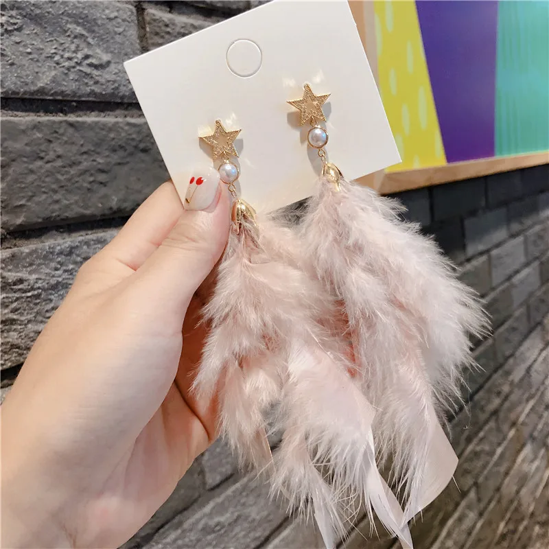 Winter New Woman Drop Earrings Big Pink Feather Cute Star Long Dangle Earrings Fashion Accessories Trendy Jewelry - Окраска металла: hollow star