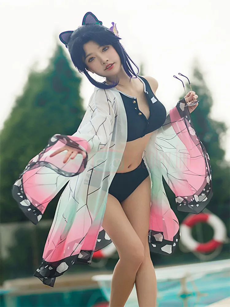 Anime Kimetsu keine Yaiba Cosplay Kostüm Dämon Slayer Sommer Badeanzug Set  Kamado Nezuko Shinobu Halloween Frauen Mantel Weste Shorts - AliExpress