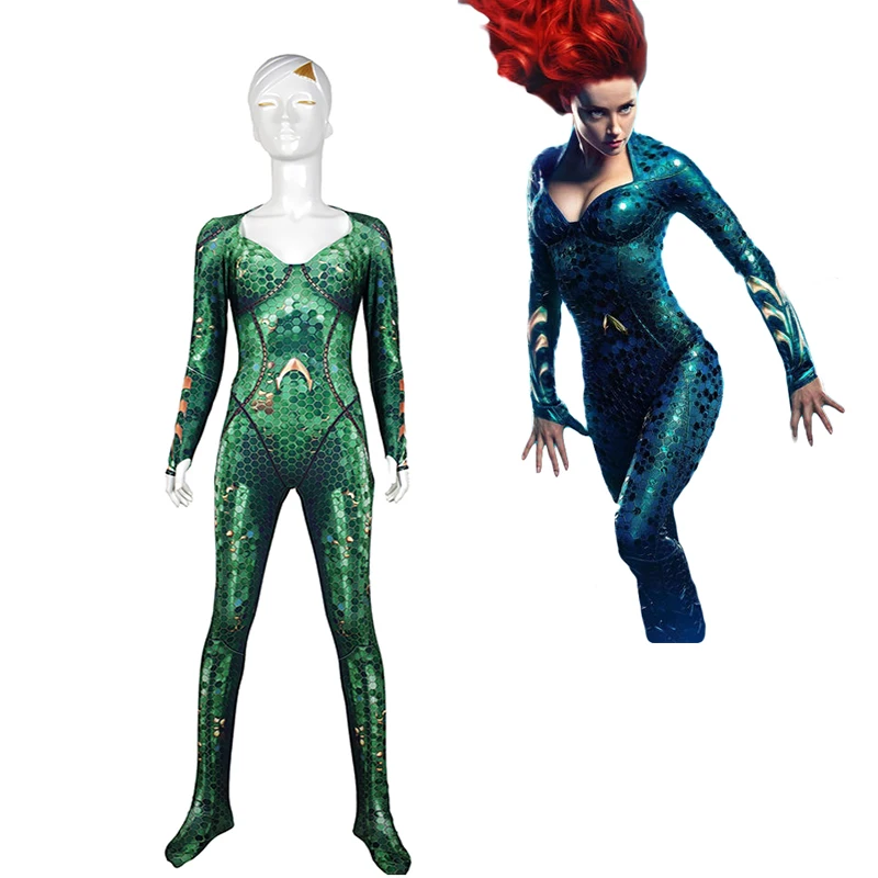 

New Women Kids Movie Aquaman Mera Queen Cosplay Costume Zentai Bodysuit Suit Jumpsuits Red Hair Wig