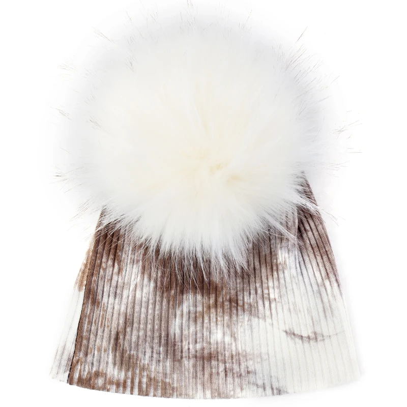 dark khaki 7 Charm Wood прекрасные Новорожденные Tie Dye Beanie Детские Шляпы Хлопок Мягкий ребристый череп шапка с искусственным мехом помпон для зимы - Цвет: dark khaki 7