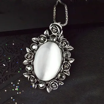 

Ajojewel Vintage Style White Opal Long Necklace With Big Pendant Black Rhinestone Rose Flower Necklaces For Women Antique Jewels