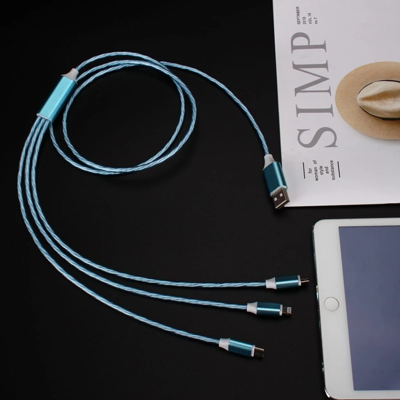 3 в 1 USB кабель для зарядного устройства светодиодный светящийся струящийся кабель Micro usb C для iPhone Android type C 2.4A Быстрая зарядка кабель для передачи данных