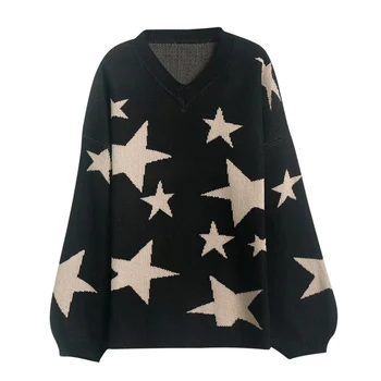 

Knitted Star Pattern Split V Neck Oversize Sweater Women Autumn Winter Long Sleeve Knitwear Top Sweater Casual Loose Pullovers