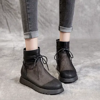 

CINESSD Genuine Leather Shoes Woman Summer 2020 New Mesh Ankle Boots Women Comfortable Wedge Sneakers Women Fashion Botines Hot