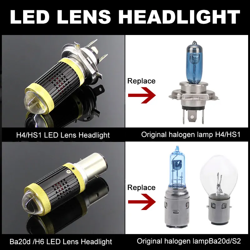1pcs H4 HS1 LED Moto H6 BA20D LED Lens Motorcycle Headlight Bulbs White  Yellow Hi Lo Lamp Scooter Accessories Fog Lights DC 12V